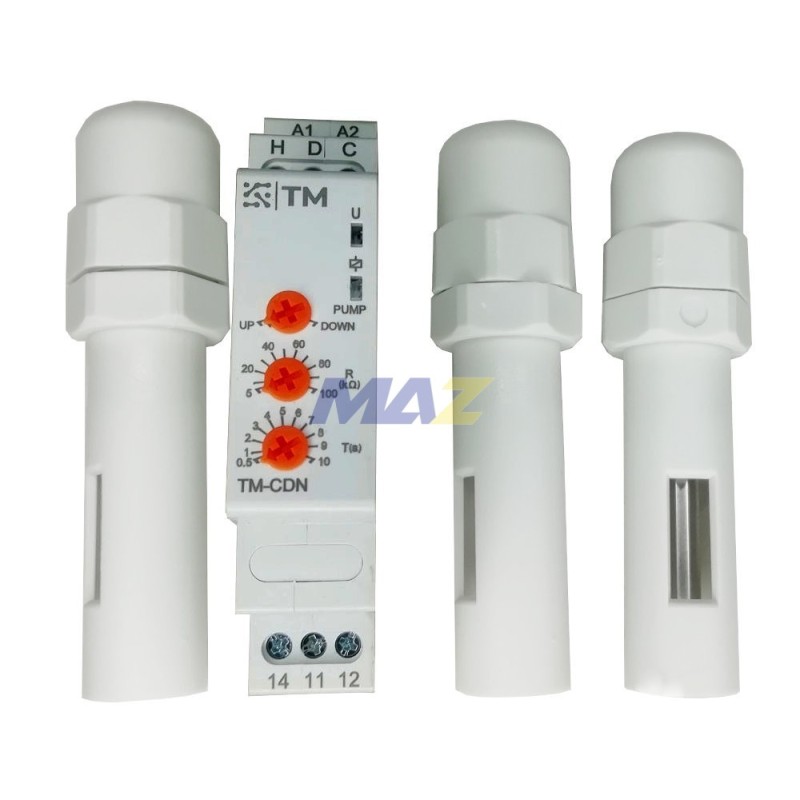 RELE DE CONTROL DE NIVEL POR ELECTRODO 2/3 ELECTRODOS 24-240VAC/DC SENSIBILIDAD AJUSTABLE 5K-100K SALIDA 1PDT 8A MARCA TM