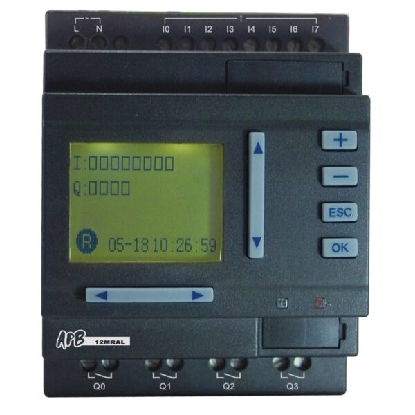 MINI PLC CON PANTALLA 12-24VDC DE 8 ENTRADAS DIGITALES / 8 ANALOGICA (0-10VDC) Y POSIBILIDAD DE ENTRADAS DE ALTA VELOCIDAD, 4 SALIDAS DE RELE, PROGRAMACION EN BLOQUES. SOFTWARE INCLUIDO.