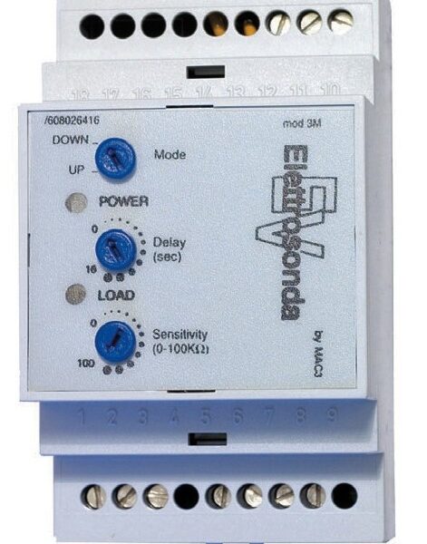 CONTROL DE NIVEL POR ELECTROSONDA MARCA MAC3 ITALIANO SERIE EV ALIMENTACION 24/120/240VAC TENSION DE LOS ELECTRODOS 10V MONTAJE EN RIEL DIN SALIDA DE RELES 2NA + 2 NC CORRIENTE 5(2)A @ 250V RETRASO AJUSTABLE DE 0-16 SEGUNDOS TEMPERATURA DE OPERACION