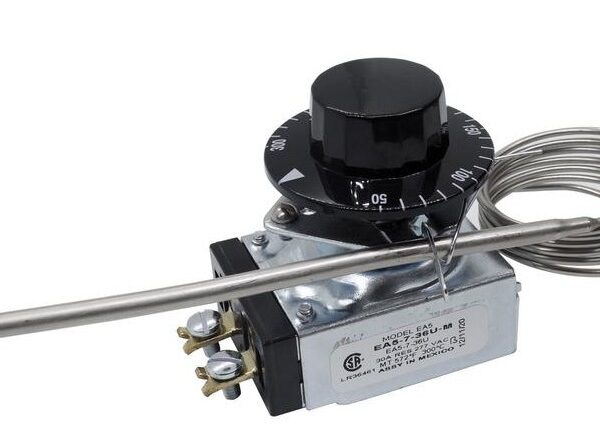 TERMOSTATO ANALOGICO DE PERILLA RANGO TEMPERATURA 50-500C 100A 240 VAC 25A CAPILAR 80 +/- 2CM LONGITUD BULBO 3.17MM