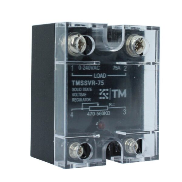 RELE DE ESTADO SOLIDO MARCA TM REGULABLE POR POTENCIOMETRO CORRIENTE MAXIMA 75 AMPERIOS RANGO DE VOLTAJE 0-380V INCLUYE POTENCIOMETRO Y STICKER