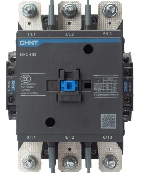 CONTACTOR CATEGORÍA AC-3 / AC-4 MARCA CHINT SERIE NXC 185 AMPERIOS 75HP @ 240V 3F / 125HP @ 480V 3F / 150HP @ 600V 3F 3 POLOS DE POTENCIA + 1 NA + 1 NC CONTROL BOBINA 240 VAC RANGO 85% A 110% IEC