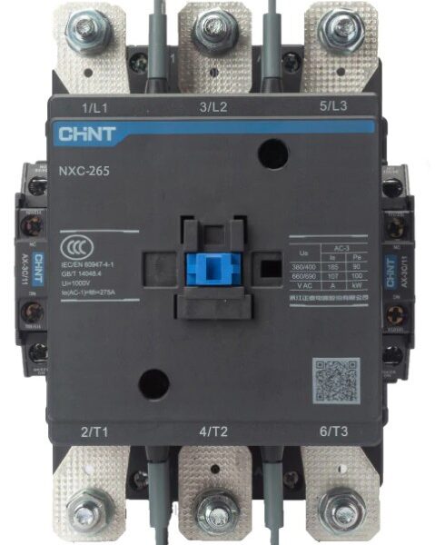 CONTACTOR CATEGORÍA AC-3 / AC-4 MARCA CHINT SERIE NXC 265 AMPERIOS 100HP @ 240V 3F / 200HP @ 480V 3F / 250HP @ 600V 3F 3 POLOS DE POTENCIA + 1 NA+1 NCCONTROL BOBINA AC/DC220V-240V RANGO 85% A 110% IEC
