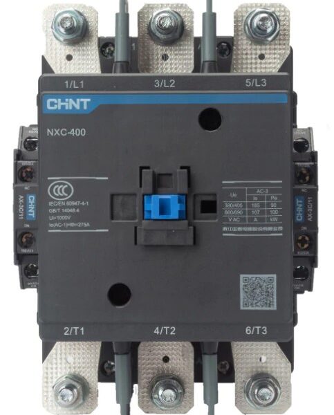 CONTACTOR CATEGORÍA AC-3 / AC-4 MARCA CHINT SERIE NXC 400 AMPERIOS 150HP @ 240V 3F / 300HP @ 480V 3F / 350HP @ 600V 3F 3 POLOS DE POTENCIA+1 N +1 NC CONTROL BOBINA AC/DC 220V-240V RANGO 85% A 110% IEC
