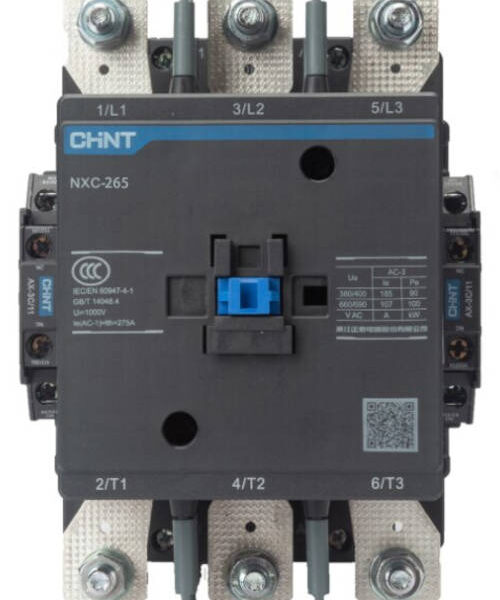 CONTACTOR CATEGORÍA AC-3 AC-4 MARCA CHINT SERIE NXC 265 AMPERIOS 100HP @ 240V 3F 200HP @ 480V 3F / 250HP @ 600V 3F 3 POLOS DE POTENCIA + 1 NA+1 NC CONTROL BOBINA AC/DC110V-127V RANGO 85%A 110% IEC
