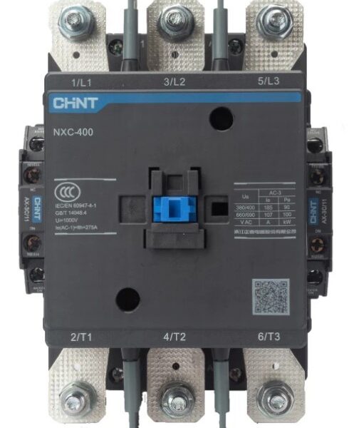 CONTACTOR CATEGORÍA AC-3 / AC-4 MARCA CHINT SERIE NXC 400 AMPERIOS 150HP @ 240V 3F / 300HP @ 480V 3F / 350HP @ 600V 3F 3 POLOS DE POTENCIA+1 NA+1 NC CONTROL BOBINA AC/DC 110V-127V RANGO 85% A 110% IEC