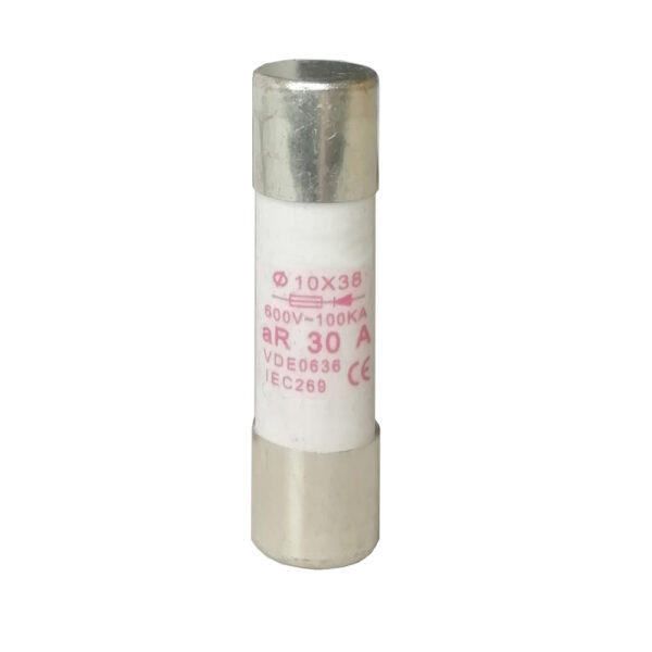 FUSIBLE DE PORCELANA 10X38 DE DISPARO ULTRARAPIDO CURVA AR 30A 600V 100KA PARA PROTECCION A SEMICONDUCTORES