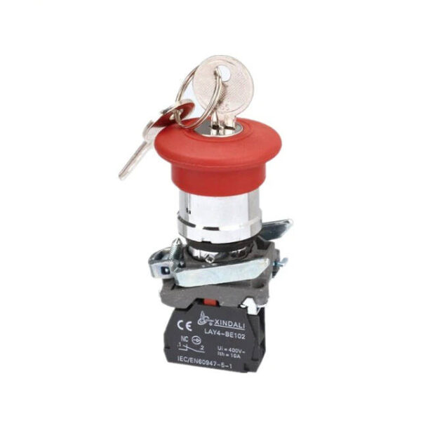 PULSADOR EMERGENCIA 22MM BASE METAL CABEZA 40MM RJ 1NC CON LLA