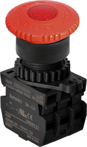 04-25-076_1.jpg PULSADOR EMERGENCIA PLASTICO ROJO 22/25MM CON LUZ 100-240 VAC 1 NC CABEZA 40MM, MARCA AUTONICS - Image 1