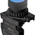 BOTON PULSADOR PLASTICO AZUL RASANTE CONTACTO NO, MARCA AUTONICS