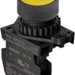 BOTON PULSADOR PLASTICO AMARILLO RASANTE CONTACTO NO, MARCA AUTONICS
