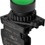 BOTON PULSADOR PLASTICO VERDE SALIENTE CONTACTO NO, MARCA AUTONICS