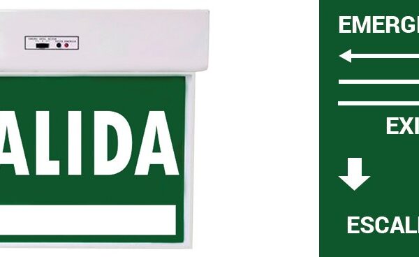LAMPARA LED TIPO ROTULO SALIDA DE EMERGENCIA 2 CARAS 30 LUMENES 240X183X21MM 120-240V IP20 3 HORAS DE AUTONOMIA 25327 SEGURIMAX