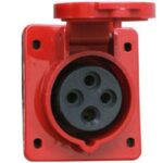 TOMA INDUSTRIAL MONTAJE EMPOTRABLE CORRIENTE 32 AMP CONFIGURACION ELECTRICA 3 POLOS + TIERRA COLOR ROJO NIVEL DE TENSION 380-415V 50-60HZ HORARIO 6H GRADO DE PROTECCION IP67