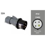CONECTOR INDUSTRIAL MONTAJE AEREO CORRIENTE 32 AMP CONFIGURACION ELECTRICA 3 POLOS + TIERRA COLOR NEGRO NIVEL DE TENSION 600-690V 50-60HZ HORARIO 7H GRADO DE PROTECCION IP44