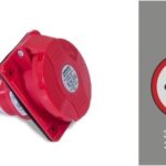 TOMA INDUSTRIAL MONTAJE EMPOTRABLE CORRIENTE 32 AMP CONFIGURACION ELECTRICA 3 POLOS + TIERRA COLOR ROJO NIVEL DE TENSION 380-415V 50-60HZ HORARIO 6H GRADO DE PROTECCION IP44