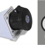 TOMA INDUSTRIAL MONTAJE DE SOBREPONER (PARCHE) CORRIENTE 32 AMP CONFIGURACION ELECTRICA 3 POLOS + TIERRA COLOR NEGRO NIVEL DE TENSION 600-690V 50-60HZ HORARIO 7H GRADO DE PROTECCION IP44