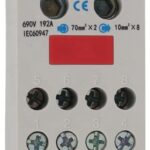 BLOQUE DE DISTRIBUCION MULTI-PROPOSITO ENTRADA 2 X 25-70MM2/4-2/0 AWG  SALIDA 8 X 10MM2/8AWG  192A 690V RIEL DIN