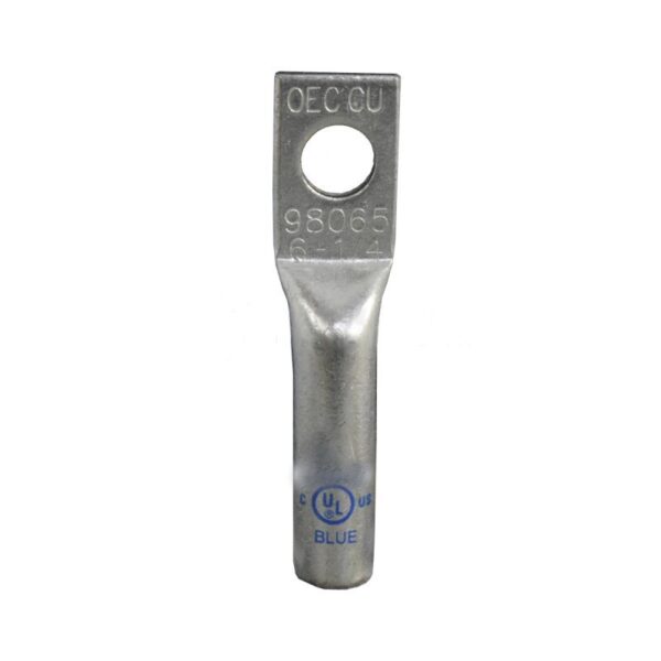 TERMINAL DE COMPRESION DE OJO PARA CABLE 6 AWG ORIFICIO 1/4 PULGADAS DE BARRIL LARGO COBRE ELECTRO ESTAÑADO 600 VOLTIOS 90C CODIGO DE COLOR AZUL