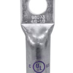 TERMINAL DE COMPRESION DE OJO PARA CABLE 4/0 AWG  ORIFICIO 1/2 PULGADAS DE BARRIL LARGO COBRE ELECTRO ESTAÑADO 600 VOLTIOS 90C CODIGO DE COLOR PURPURA