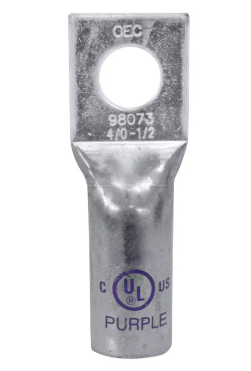 04-45-269_1.jpg TERMINAL DE COMPRESION DE OJO PARA CABLE 4/0 AWG ORIFICIO 1/2 PULGADAS DE BARRIL LARGO COBRE ELECTRO ESTAÑADO 600 VOLTIOS 90C CODIGO DE COLOR PURPURA - Image 1