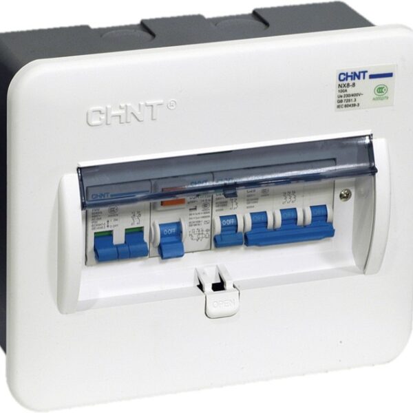 CENTRO DE CARGAS MARCA CHINT SERIE NX8 DE 8 ESPACIOS DE EMPOTRAR BASE PLASTICA Y TAPA PLASTICA CON VISOR GRADO DE PROTECCION IP30 NORMADO IEC/EN 60439-3