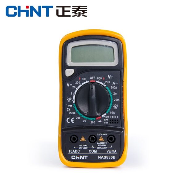 MULTIMETRO DIGITAL DE BOLSILLO, SELECCIÓN DE RANGO MANUAL, LUZ DE FONDO, 600VAC/DC, 10 AC/DC, 2 MEGA OHM, MED DIODOS Y TRANSISTORES, NAS830B CHINT