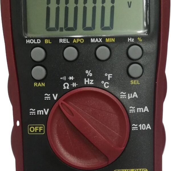 MULTIMETRO DIGITAL CON PANTALLA DE 40MM VALORES MEDIBLES 0-600V AC/DC (CAT III) 0-10A AC/DC RESISTENCIA CAPACITANCIA DIODOS Y FRECUENCIA