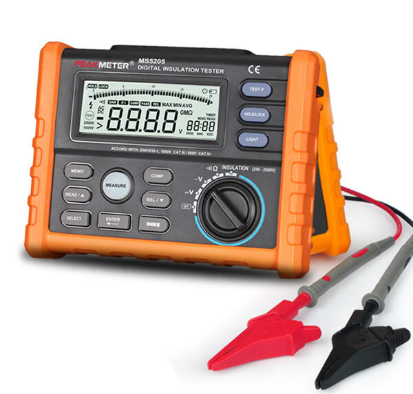 MEDIDOR DE AISLAMIENTO MARCA PEAKMETER RANGO DE AISLAMIENTO 250V (250MOHMS), 500V (500MOHMS), 1000V (1MOHMS), 2500V (100GOHMS) MEDICION DE VOLTAJE DC 1000VDC, MEDICION DE VOLTAJE AC 750VAC, MEDICION DE RESISTENCIA 200 OHMSINCLUYE 2 CABLES 2 PUNTAS TI