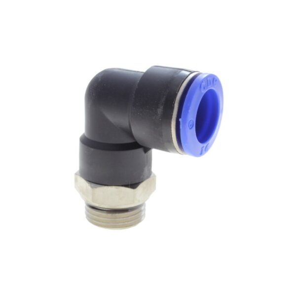 CODO PLASTICO PARA MANGUERA 12MM CON ACOPLE RAPIDO + MACHO ROSCADO 3/8 PULG