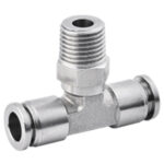TEE DE ACERO INOXIDABLE 316 PARA MANGUERA 8MM CON ACOPLE RAPIDO + ROSCA 1/4 PULG