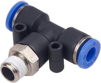 06-05-260_1.jpg TEE PLASTICA PARA MANGUERA DE 10MM CON ACOPLE RAPIDO + MACHO ROSCADO 1/2 PULG - Image 1