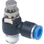 VALVULA DE CONTROL DE VELOCIDAD NEUMATICO EN L PARA MANGUERA DE 4MM CON ACOPLE RAPIDO + MACHO ROSCADO 1/4 PULG