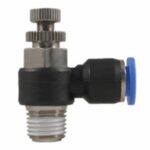 VALVULA DE CONTROL DE VELOCIDAD NEUMATICO EN L PARA MANGUERA DE 6MM CON ACOPLE RAPIDO + MACHO ROSCADO 1/8 PULG