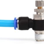VALVULA DE CONTROL DE VELOCIDAD NEUMATICO EN L PARA MANGUERA DE 1/4 PULG CON ACOPLE RAPIDO + MACHO ROSCADO 1/8 PULG
