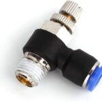 VALVULA DE CONTROL DE VELOCIDAD NEUMATICO EN L PARA MANGUERA DE 5/16 PULG CON ACOPLE RAPIDO + MACHO ROSCADO 1/8 PULG