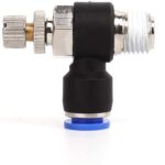 VALVULA DE CONTROL DE VELOCIDAD NEUMATICO EN L PARA MANGUERA DE 3/8 PULG CON ACOPLE RAPIDO + MACHO ROSCADO 3/8 PULG
